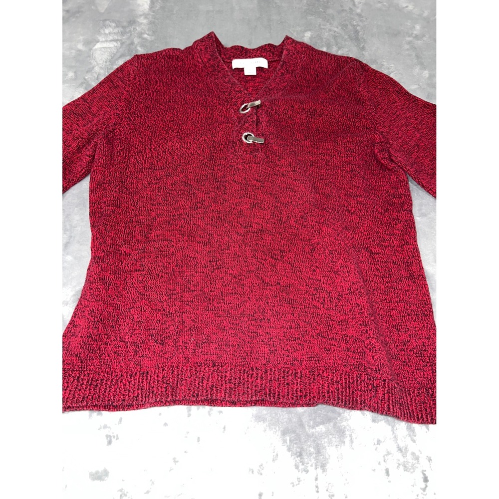 Madison Grey Red Black Marled Toggle V-Neck Sweater XL Long Sleeve